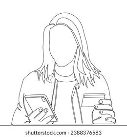 Continuous one single line drawing Young women is shopping online with a mobile phone Spends via credit card by mobile app icon vector illustration concept