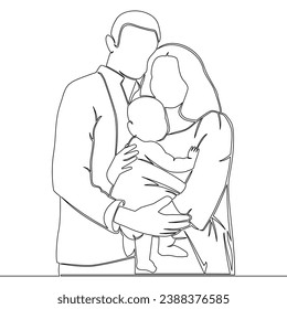 Continuous one single line drawing Young parents mother and father family standing and holding newborn baby Happy family and childhood icon vector illustration concept