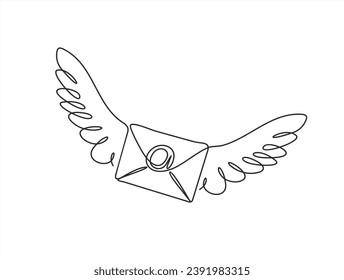 Continuous one single line drawing of envelope with wings. Mail delivery concept.