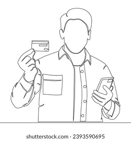 Un dibujante de línea continua sostiene el concepto de ilustración vectorial de icono de teléfono inteligente y tarjeta de crédito