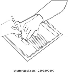 Continuous one single line drawing Two Businessmen Hands Pointing at Contract Agreement, Contract Signing, Deal icon vector illustration concept