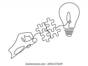 continuous one single line drawing of hand holding puzzle of light bulb. inside. Puzzle game symbol and iconic business metaphor for problem solving