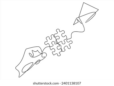 continuous one single line drawing of hand holding puzzle of plane. inside. Puzzle game symbol and iconic business metaphor for problem solving, 