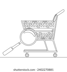 Continuous one single line drawing Shopping cart under a magnifying glass. Analysis of purchases. Consumer basket icon vector illustration concept