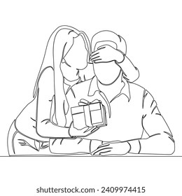 Continuous one single line drawing Young beautiful woman gives a surprise gift to the beloved man icon vector illustration concept