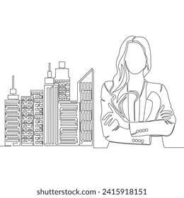 Continuous one single line drawing businesswoman leader boss female and cityscape icon vector illustration concept