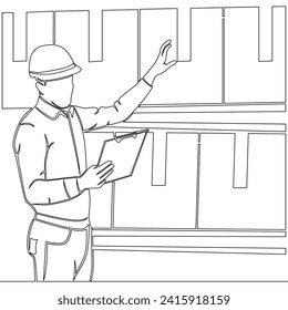 Continuous one single line drawing Warehouse manager checks the availability of goods. The worker holds a tablet in his hands against of racks with boxes icon vector illustration concept