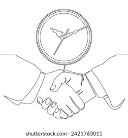 Continuous one single line drawing time is money business handshake icon vector illustration concept