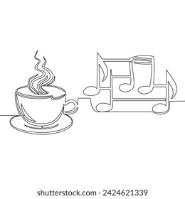 Continuous one single line drawing Cup of coffee with musical notes. Music cafe icon vector illustration concept