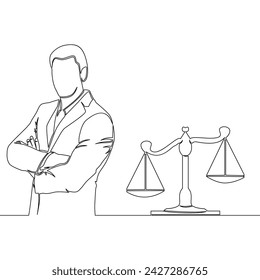 Continuous one single line drawing Male businessman lawyer, advocate, notary, Scales lawyer's services, legal protection in court icon vector illustration concept