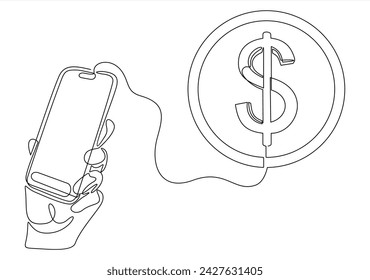 Continuous one single line drawing Hand holding a smart phone with a dollar icon vector illustration concept.Phone Payment line icon. Continuous one line. Dollar pay sign. Finance symbol.