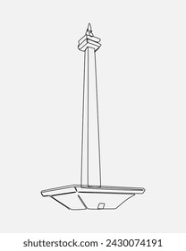 Continuous one single line drawing of Monas. Monumen Nasional, iconic building from Jakarta, Indonesia. Editable stroke. Isolated background vector illustration.