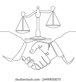 Continuous one single line drawing Client shakes hands with lawyer Legal services scales Advocate consultation Jurisprudence icon vector illustration concept