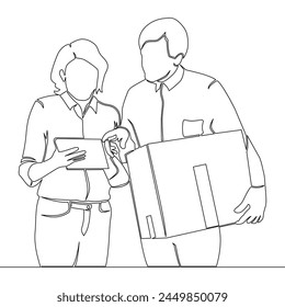 Continuous one single line drawing Storehouse workers keeping records of boxes icon vector illustration concept