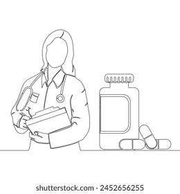 Continuous one single line drawing Woman doctor and jar of pills Pharmacy shop icon vector illustration concept