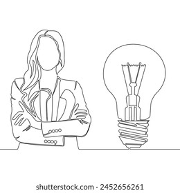 Continuous one single line drawing Young smart female and light bulb idea symbol icon vector illustration concept