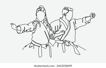 Continuous one single line drawing of female and male karateka. Karate martial arts, fighter, self-defense, competition. Editable stroke. Vector illustration.