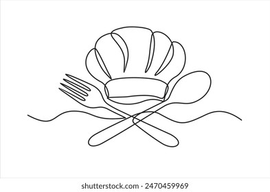 Continuous one single line drawing of fork, spoon and chef hat or cap . Menu food design. Illustration with quote template. Can used for menu restaurant sketch