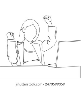 Continuous one single line drawing Happy professional young business woman using laptop computer celebrates success icon vector illustration concept