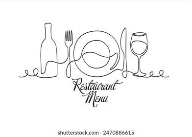 Continuous one single line drawing of plate, fork, knife, bottle of wine and glass. Restaurant menu. Menu food design. Vector illustration.