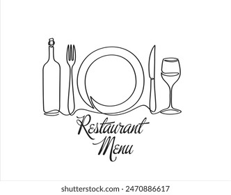 Continuous one single line drawing of plate, fork, knife, bottle of wine and glass. Restaurant menu. Menu food design. Vector illustration.