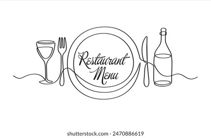 Continuous one single line drawing of plate, fork, knife, bottle of wine and glass. Restaurant menu. Menu food design. Vector illustration.