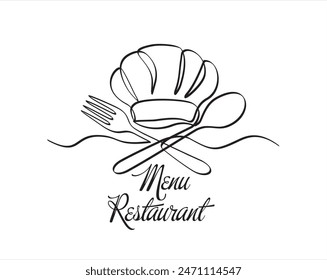 Continuous one single line drawing of fork, spoon and chef hat or cap . Menu food design. Illustration with quote template. Can used for menu restaurant sketch