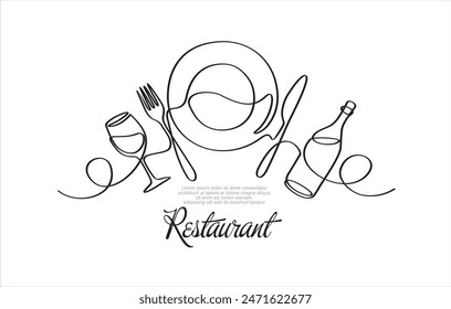 Dibujo continuo de una sola línea de placa, tenedor, cuchillo, botella de vino y vidrio. Menú del restaurante. Menú de diseño de alimentos. Ilustración vectorial.