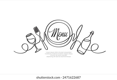 Continuous one single line drawing of plate, fork, knife, bottle of wine and glass. Restaurant menu. Menu food design. Vector illustration.