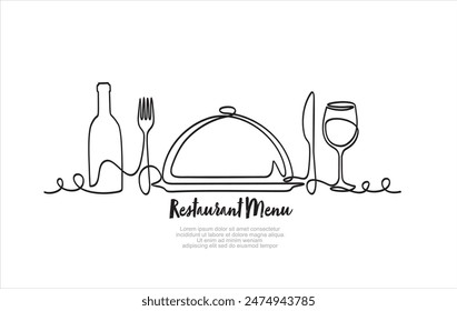 Continuous one single line drawing of fork, knife, bottle of wine, glass and metal cover. Menu food design. Illustration with quote template. Can used for menu restaurant sketch