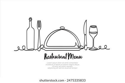 Continuous one single line drawing of fork, knife, bottle of wine, glass and metal cover. Menu food design. Illustration with quote template. Can used for menu restaurant sketch