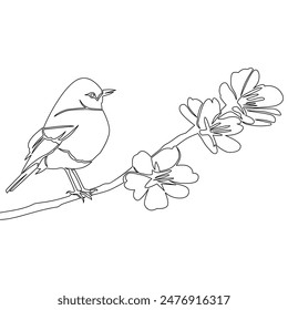 Continuo una sola línea que dibuja el pájaro Pequeño encaramado en el concepto de la Ilustración vectorial del icono de la rama del árbol floreciente