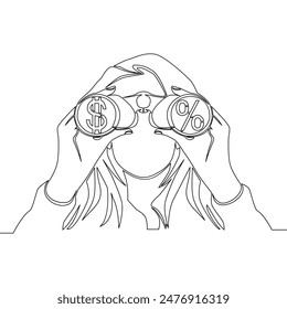 Continuous one single line drawing Investment opportunity, Looking for business opportunities or profit from investment. Businesswoman holding binoculars with dollar and percent symbol concept