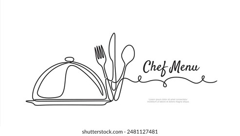 Continuous one single line drawing of fork, knife, spoon and metal cover. Chef Menu food design. Illustration with quote template. Can used for menu restaurant sketch