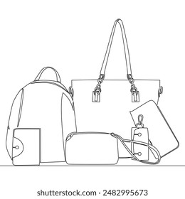 Continuous one single line drawing set of fashionable women's hand bags icon vector illustration concept