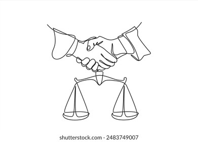 Continuous one single line drawing Client shakes hands with lawyer Legal services scales Advocate consultation Jurisprudence icon vector illustration