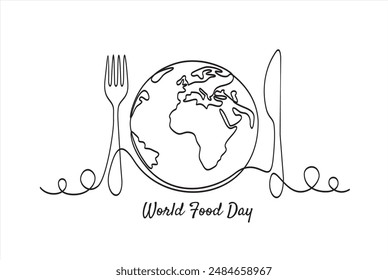 Continuous one single line drawing of Globe, knife and fork. World Food day isolated on white background. Vector Illustration.
