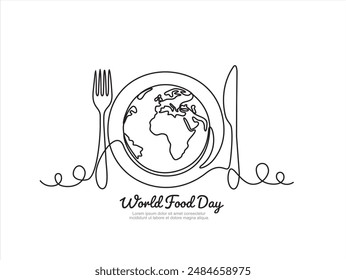 Continuous one single line drawing of Globe, knife and fork. World Food day isolated on white background. Vector Illustration.
