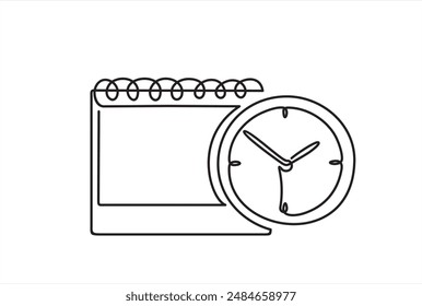 Continuous one single line drawing of calendar and clock icon. Schedule, appointment, important date concept. Modern continuous line design illustration.