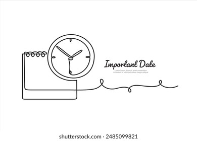 Continuous one single line drawing of calendar and clock icon. Schedule, appointment, important date concept. Modern continuous line design illustration.	