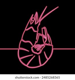 Continuo una sola línea de dibujo Camarón Gráfico Signo Icono brillante neón brillante concepto de Ilustración vectorial