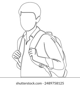 Continuous one single line drawing boy student standing with backpack on his back Back to school icon vector illustration concept