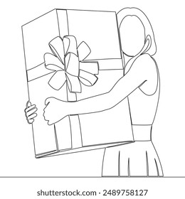 Continuous one single line drawing woman holding gift box with gift ribbon bow icon vector illustration concept