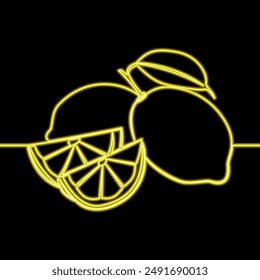 Continuous one single line drawing Lemon icon neon glow vector illustration concept