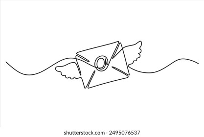 Continuous one single line drawing of envelope with wings. Mail delivery concept.