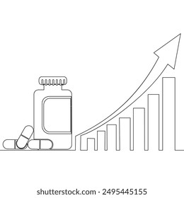Kontinuierlich eine Linie ziehen pharmazeutische Pillen und Medikamentenflasche. Pharmacy Graph des Wachstums der Krankheitskosten und Preis der Pillen Icon Vektorillustration Konzept