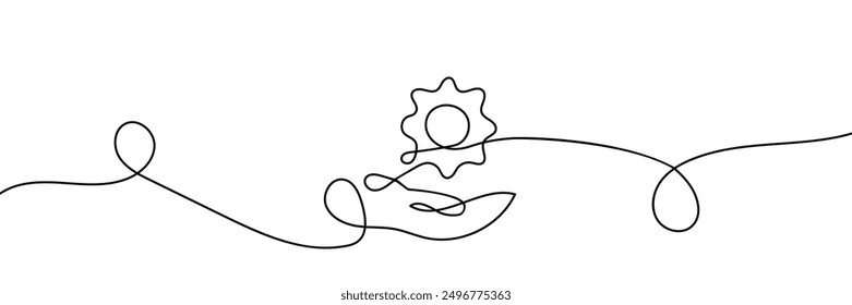 continuous one single line drawing of hand holding gear, tech development, engineering, technology