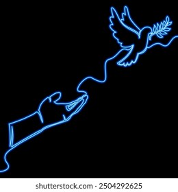 Continuous one single line drawing open hand with flying bird icon neon glow vector illustration concept
