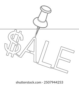 Continuous one single line drawing SALE inscription is affixed with a stationery button icon vector illustration concept