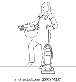 Continuous one single line drawing woman cleaning at home with vacuum cleaner full body icon vector illustration concept